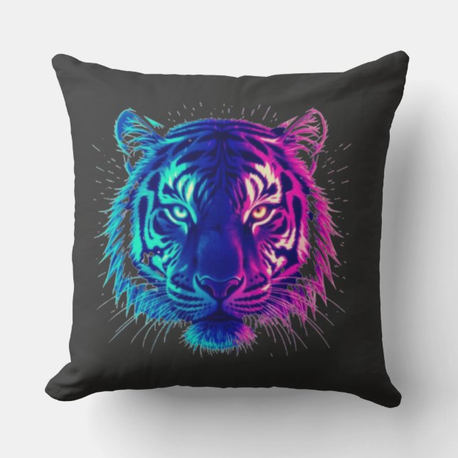 Neon White Tiger – Glowing Cyberpunk Wildlife Art Throw Pillow (Front)