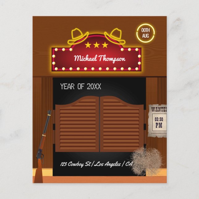 Neon Wild West Cowboy themed Graduation Party Flyer (Front)