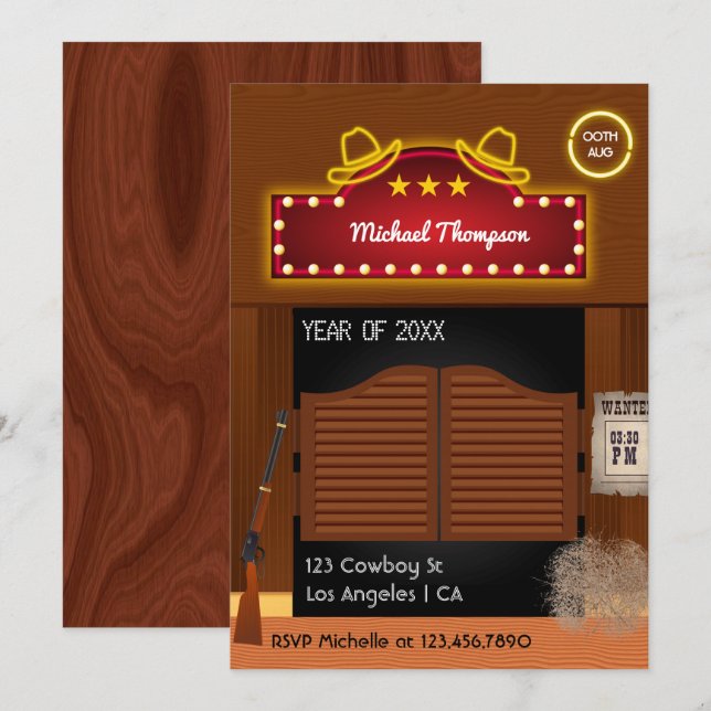 Neon Wild West Cowboy themed Graduation Party Invi Invitation (Front/Back)