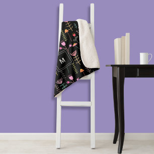 Neon Wildflowers on Black, monogrammed  Sherpa Blanket