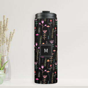 Neon Wildflowers on Black, monogrammed  Thermal Tumbler