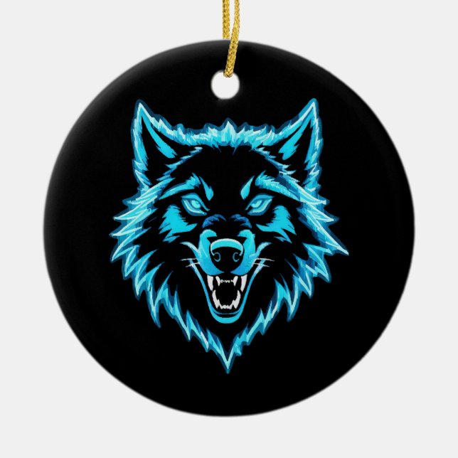 Neon Wolf Ceramic Ornament (Front)