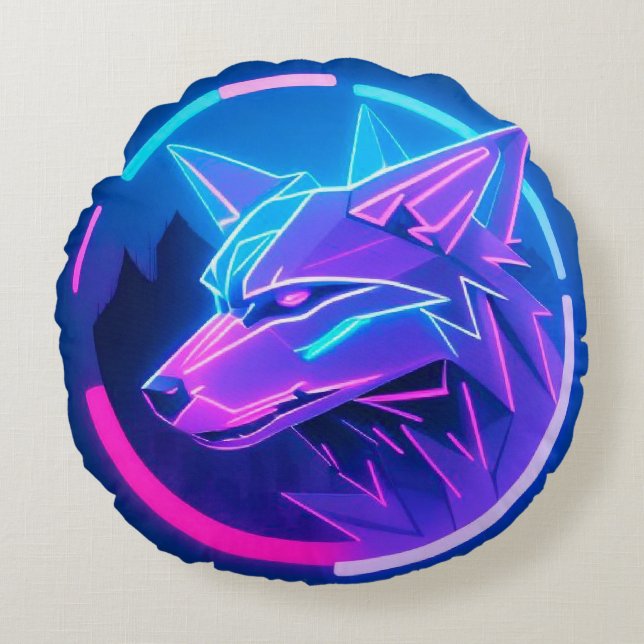 Neon Wolf Face In Geometric Futuristic Style 🐺✨ Round Pillow (Front)