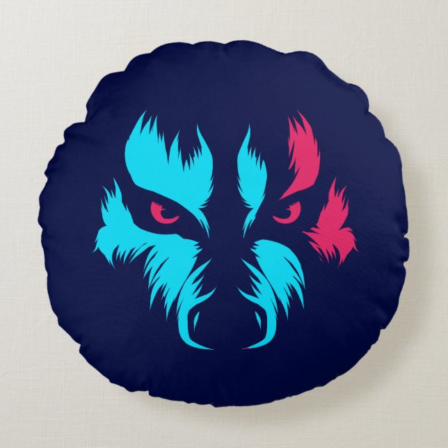 Neon Wolf Face Round Pillow (Front)
