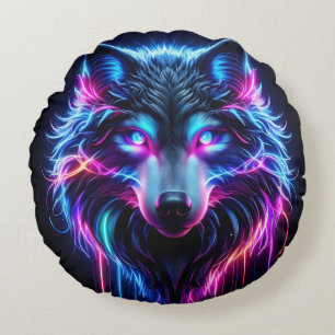 Neon Wolf Glowing Eyes Cyberpunk Futuristic Animal Round Pillow