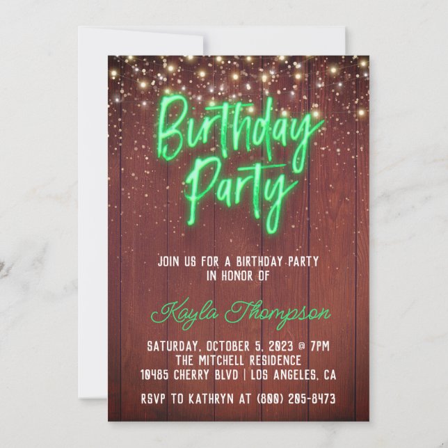 Neon Wooden Wall Anniversaire Fête Invitation (Dos)