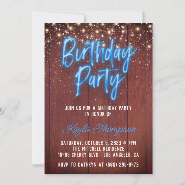 Neon Wooden Wall Anniversaire Fête Invitation (Dos)