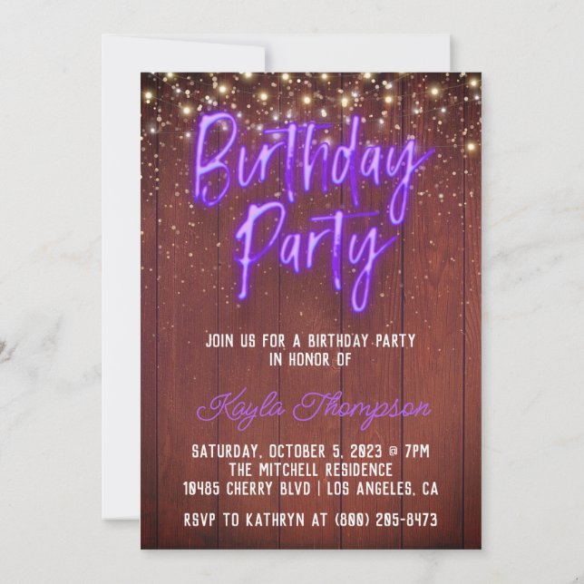 Neon Wooden Wall Anniversaire Fête Invitation (Dos)