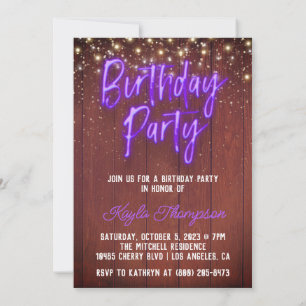 Neon Wooden Wall Anniversaire Fête Invitation