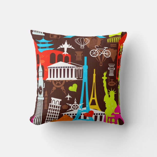 Neon World Travel Pattern Throw Pillow (Front)