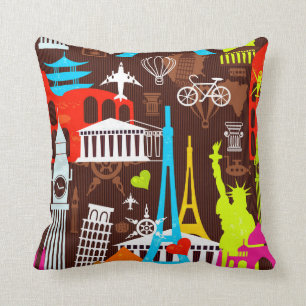 Neon World Travel Pattern Throw Pillow