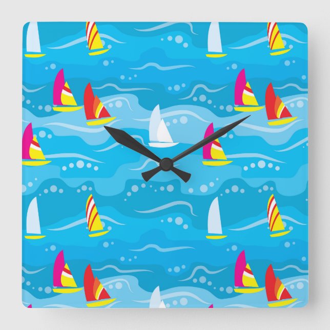 Neon Yacht Pattern Square Wall Clock (Front)
