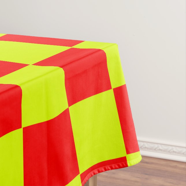 Neon Yellow and Red Chequered Chequerboard Vintage Tablecloth (In Situ)