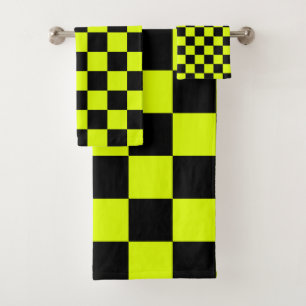 Neon Yellow Black Chequered Chequerboard Vintage Bath Towel Set