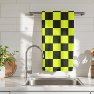 Neon Yellow Black Chequered Chequerboard Vintage Kitchen Towel