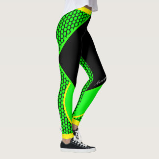 Neon Yellow Black Green Dots Strip Leggings
