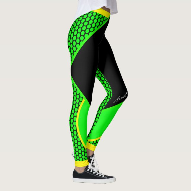 Neon Yellow Black Green Dots Strip Leggings (Right)