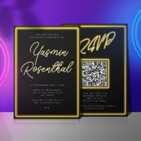 Neon Yellow Lights Black Modern RSVP Birthday