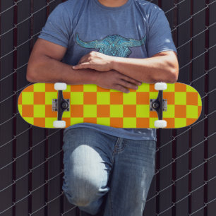 Neon Yellow Orange Chequered Chequerboard Vintage Skateboard