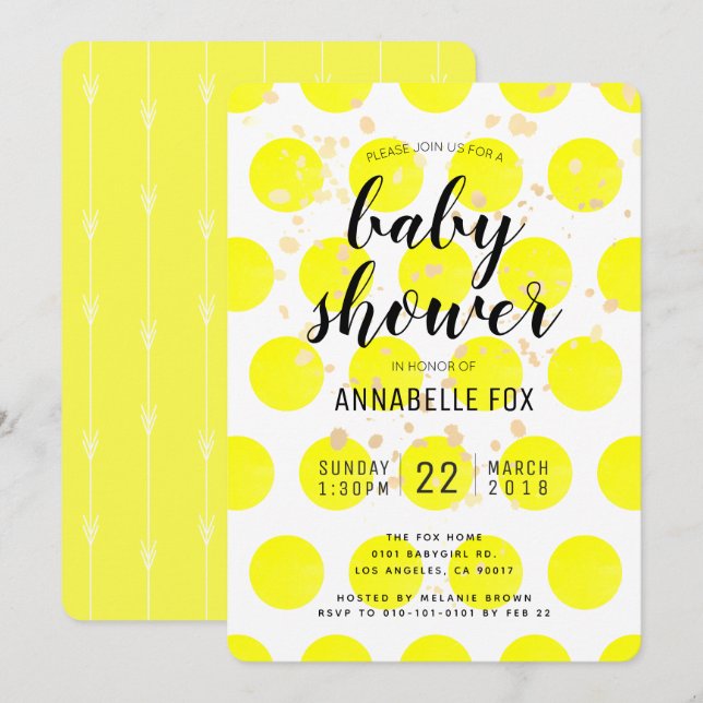 Neon Yellow Polka Dots Baby Shower Invitation Card (Front/Back)