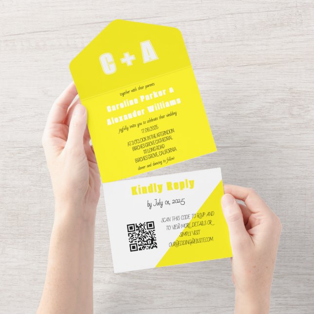 Neon Yellow Retro Modern Bold Elegant All In One Invitation (Tearaway)