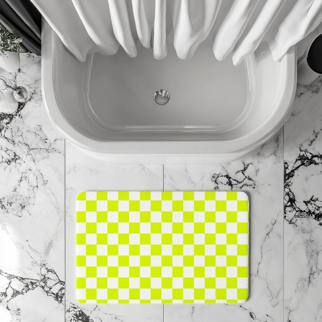 Neon Yellow White Chequered Chequerboard Vintage Bath Mat (Creator Uploaded)