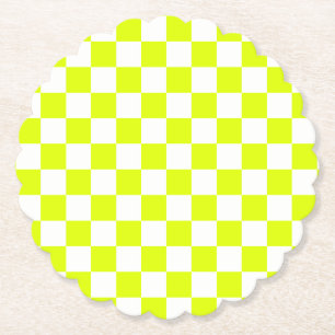 Neon Yellow White Chequered Chequerboard Vintage Paper Coaster