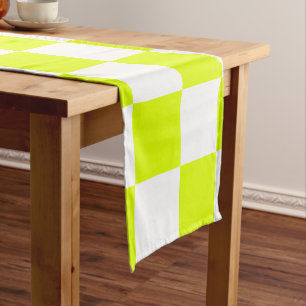 Neon Yellow White Chequered Chequerboard Vintage Short Table Runner