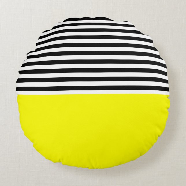 Neon Yellow With Black and White Stripes Round Pillow (Front)