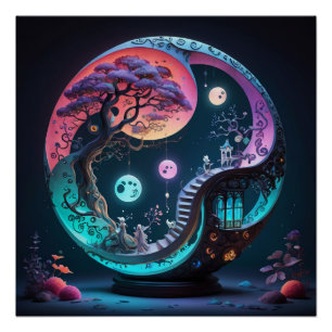 Neon Yin Yang Surreal Fantasy 1 Poster