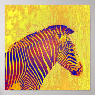 neon zebra- yellow and red retro poster