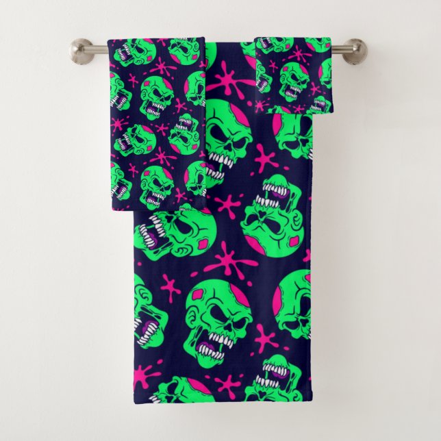 Neon Zombie Skulls Pattern Bath Towel Set (Insitu)
