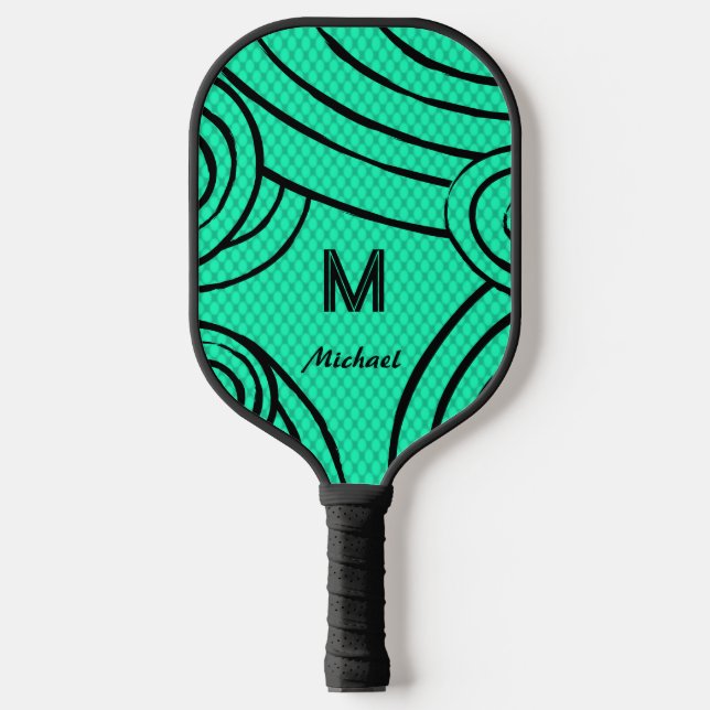 NeonLine 1 Blue-Green Editable Name & Initials Pickleball Paddle (Front)