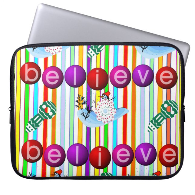 Neoprene Christmas Laptop Sleeve 15 in, Believe (Front)