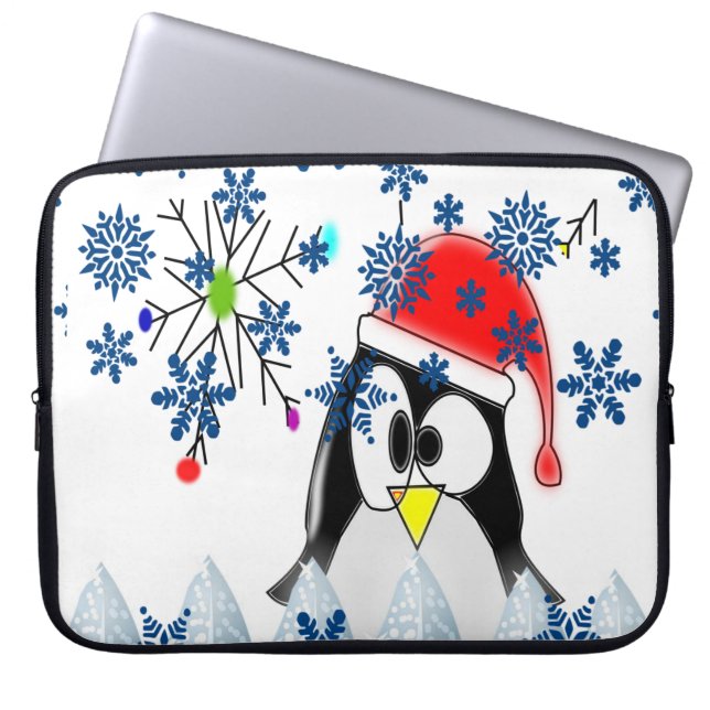 Neoprene Christmas Laptop Sleeve 15 inch, Penguin (Front)