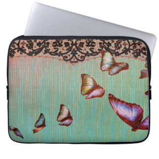 NEOPRENE LAPTOP SLEEVE STRIPES GREEN BUTTERFLIES