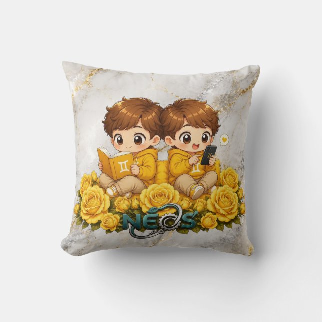 Neos Kawaii Zodiac Gemini Throw Pillow (Front)
