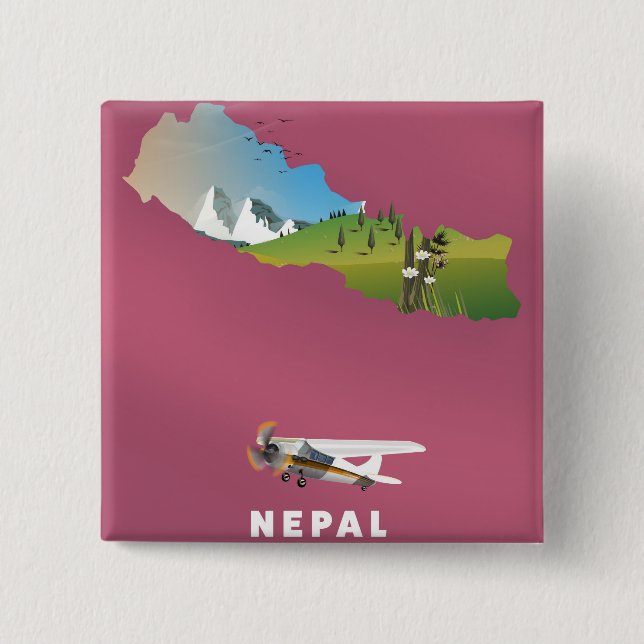 Nepal illustrated map poster 2 inch square button (Front)