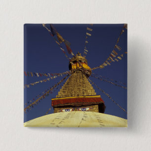 Nepal, Kathmandu. Under prayer flags, watchful 2 Inch Square Button