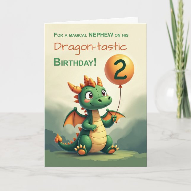 Nephew 2nd Birthday Cute Dragon Holding Balloon Card (Front)