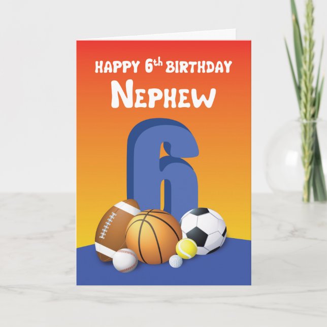 Nephew 6th Birthday Sports Balls Card (Front)