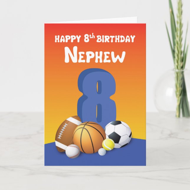 Nephew 8th Birthday Sports Balls Card (Front)