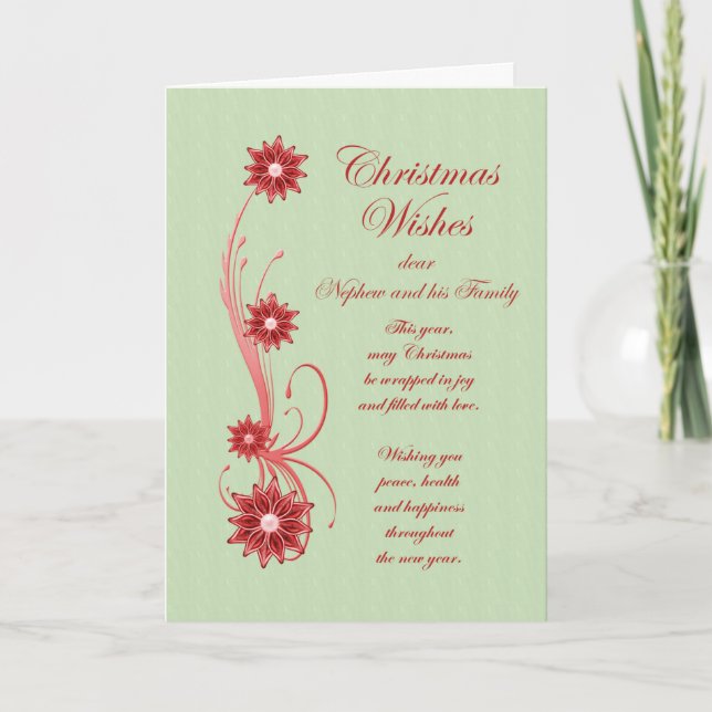 Nephew and Family Christmas Scrolls and Flowers Holiday Card (Front)