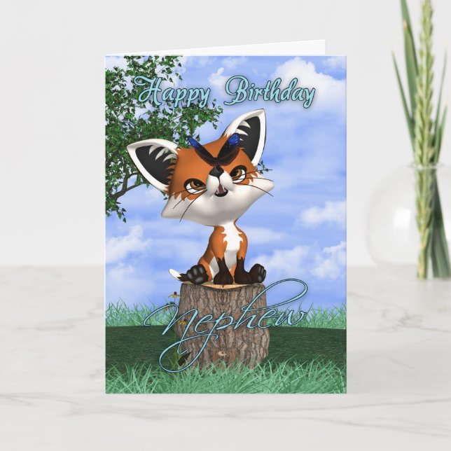 Nephew Birthday Card With Cute Fox And Butterfly (Front)