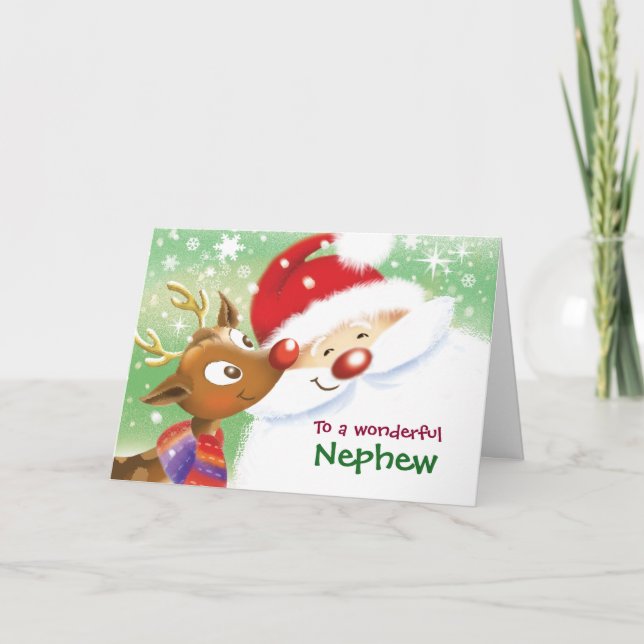 Nephew, Christmas, Cute Reindeer & Santa Card (Front)