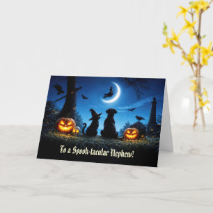 Nephew Cute Happy Halloween with Cat and Dog Card