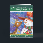 Nephew, Cute Reindeer and Snowman Holiday Card<br><div class="desc">For Nephew. A really cute,  colourful Christmas card. The illustration shows a sweet baby deer with big open eyes and a fun snowman in a huge hat looking fondly,  nose to nose,  at each other. They are set against a blue watercolor sky and snow is falling around them.</div>