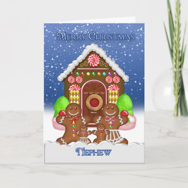 Nephew Gingerbread House and Family Christmas Gree Holiday Card (Front)