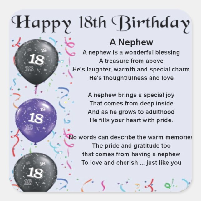 Nephew Poem  -  18th Birthday Square Sticker (Front)
