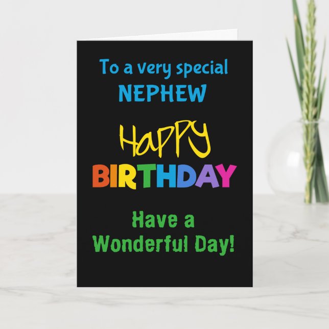 Nephew Rainbow Colours on Black Birthday Card (Front)